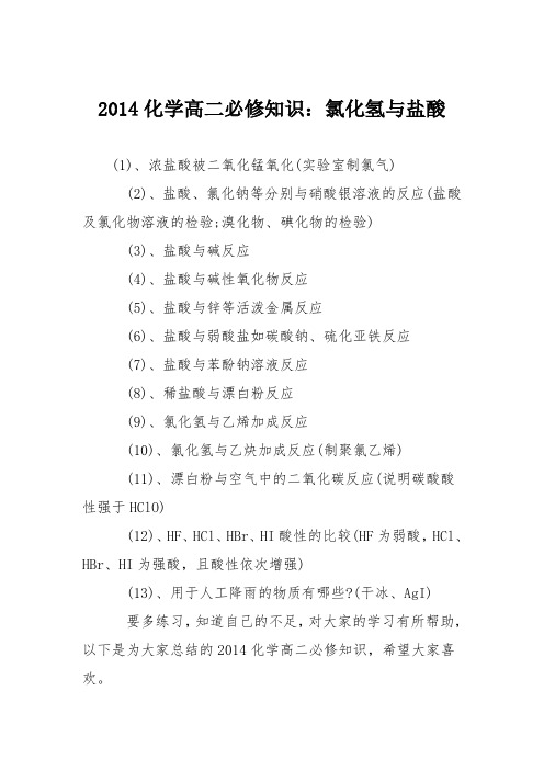 2014化学高二必修知识：氯化氢与盐酸