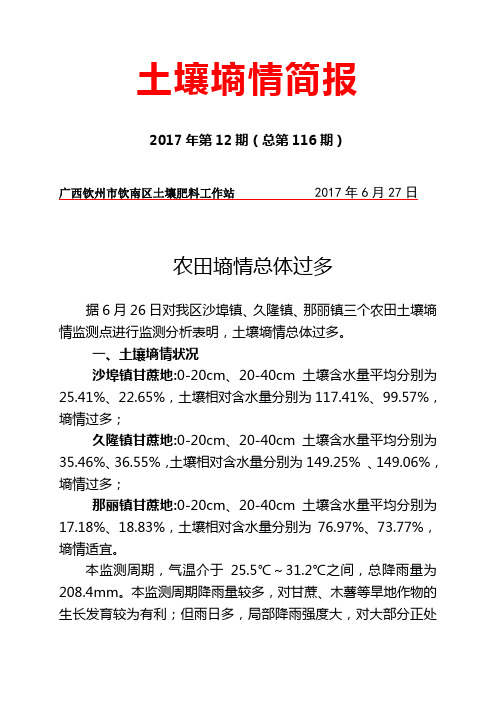 土壤墒情简报2017年第12期(总第116期)广西钦州市钦南区土壤肥料