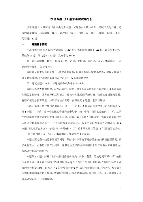汉语专题(1)期末考试试卷分析