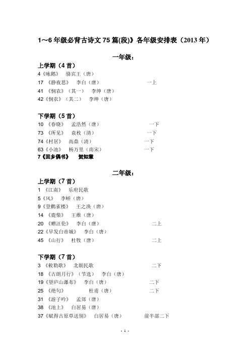古诗75首各年级安排表