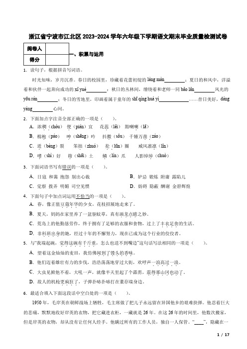 浙江省宁波市江北区2023-2024学年六年级下学期语文期末毕业质量检测试卷 附解析