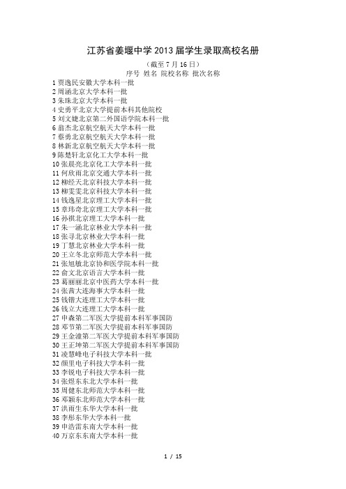 江苏省姜堰中学2013届学生录取高校名册