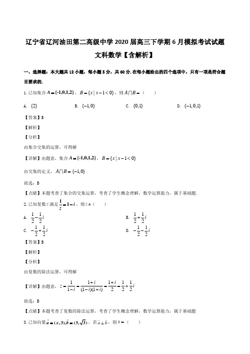 辽宁省辽河油田第二高级中学2020届高三下学期6月模拟考试试题 文科数学【含解析】