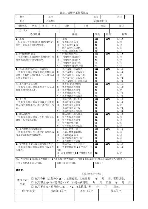 新员工试用期工作考核表
