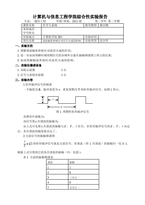 谐波幅度和相位对信号合成的影响 - 信号与系统实验报告
