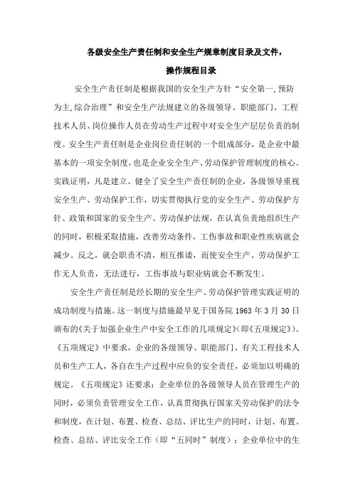 各级安全生产责任制和安全生产规章制度目录及文件操作规程目录