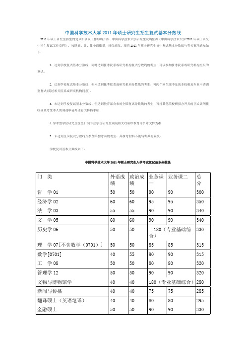 中国科学技术大学2011年硕士研究生招生复试基本分数线