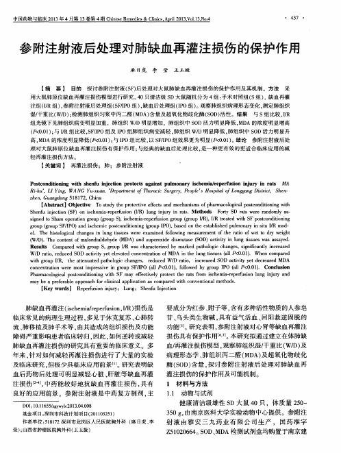 参附注射液后处理对肺缺血再灌注损伤的保护作用
