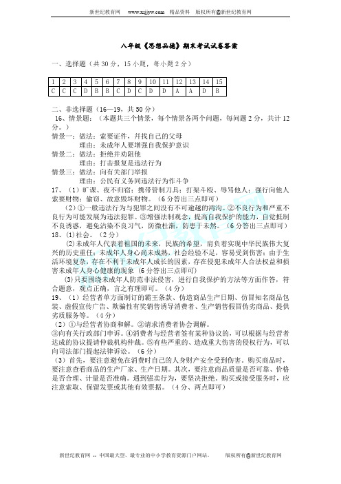 2011---2012学年度第一学期人民版思想品德八年级思想品德期末试卷(附答案)