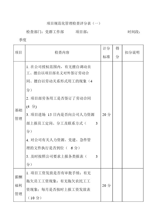项目规范化管理检查评分表(一)