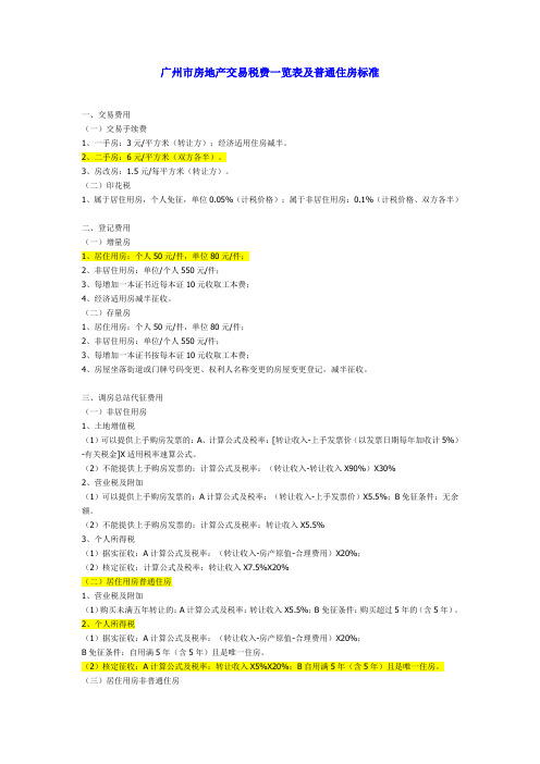广州市房地产交易税费一览表及普通住房标准