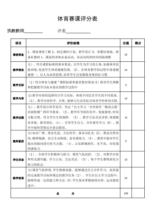 体育课堂教学评分表