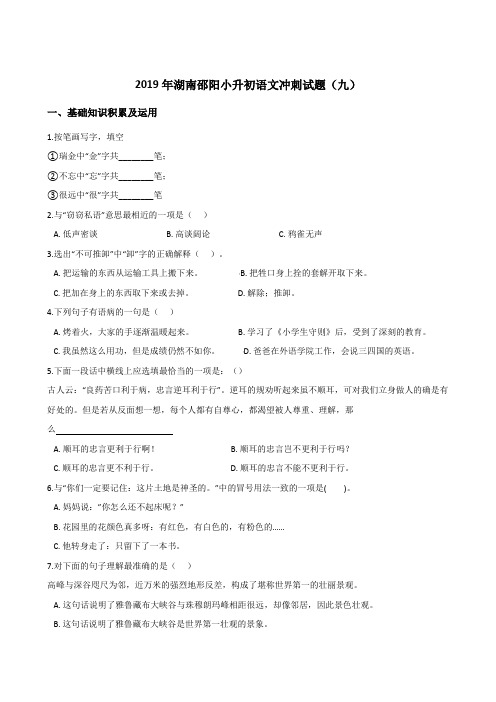 六年级下册试题-2019年小升初语文冲刺试题(九) 全国通用(含答案)