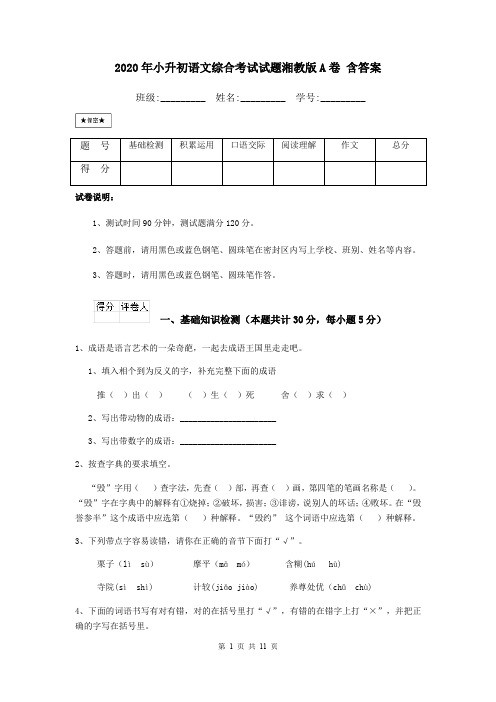2020年小升初语文综合考试试题湘教版A卷 含答案