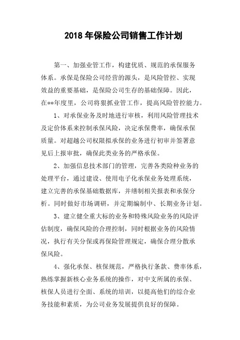 2018年保险公司销售工作计划