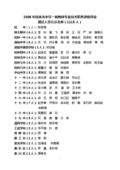 2008年桂林市中学一级教师专业技术职务资格评审