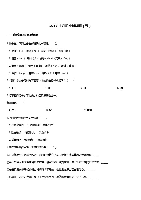 2019年名校小升初冲刺语文试题(5) 人教新课标 含答案