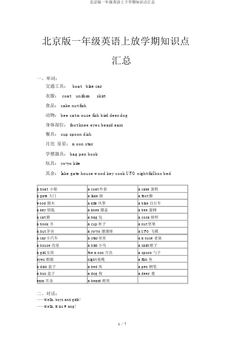 北京版一年级英语上下学期知识点汇总