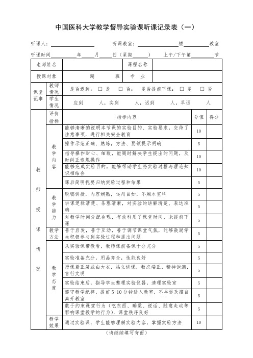 中国医科大学教学督导听课记录表(实验课)