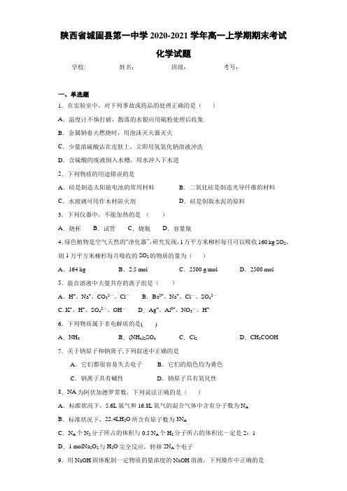 陕西省城固县第一中学高一上学期期末考试化学试题