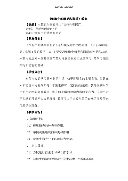 细胞中的糖类和脂质  教案