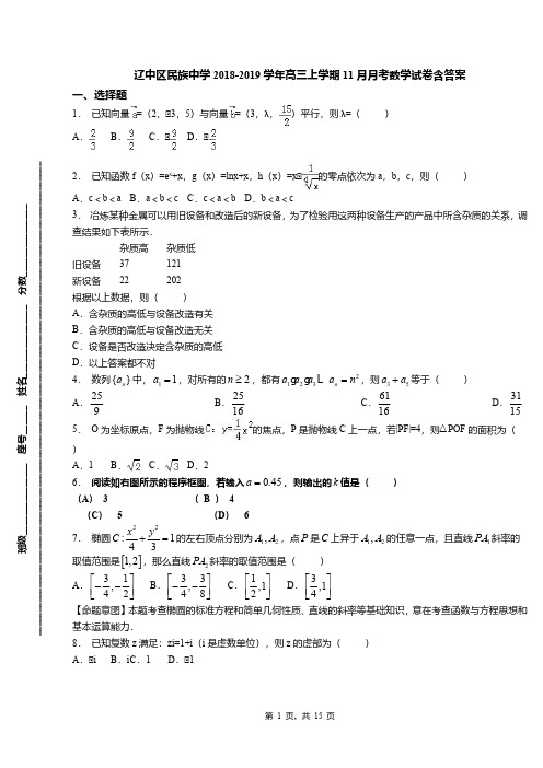 辽中区民族中学2018-2019学年高三上学期11月月考数学试卷含答案