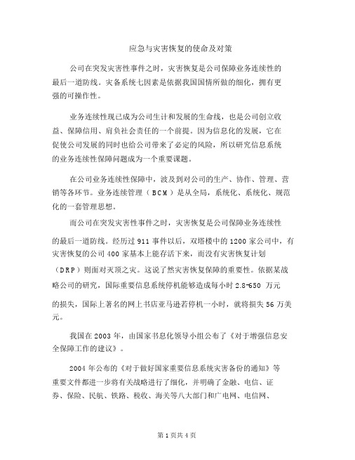 应急与灾难恢复使命及对策