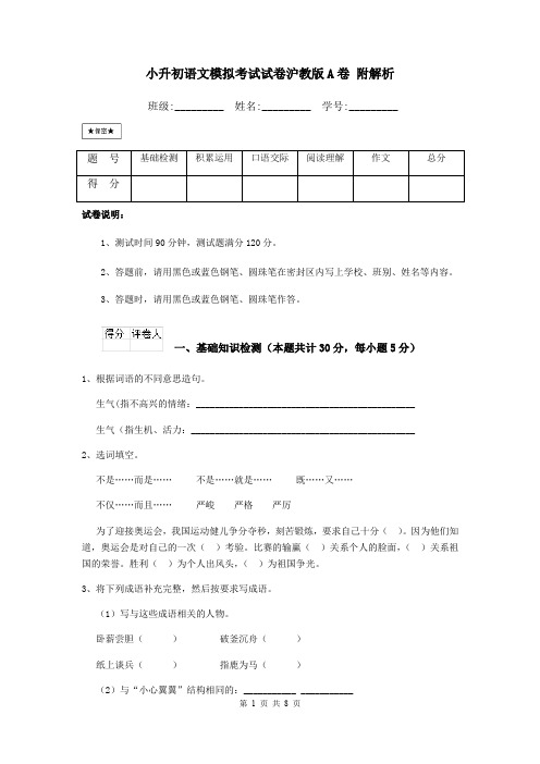 小升初语文模拟考试试卷沪教版A卷 附解析