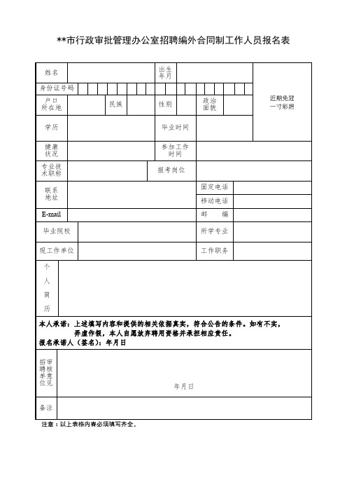 XX市行政审批管理办公室招聘编外合同制工作人员报名表【模板】