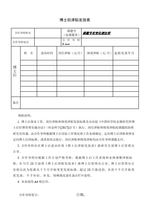 博士后津贴发放表 中国科学院金属研究所研究生部