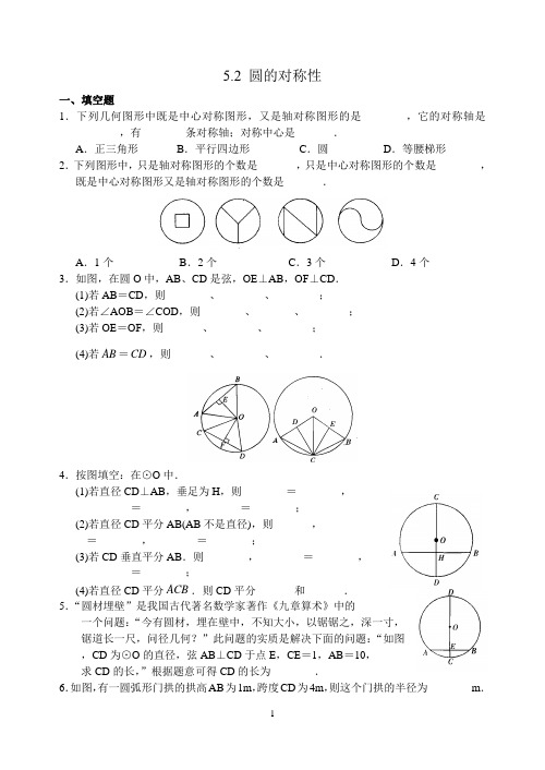 九上 圆  5.2 圆的对称性含答案