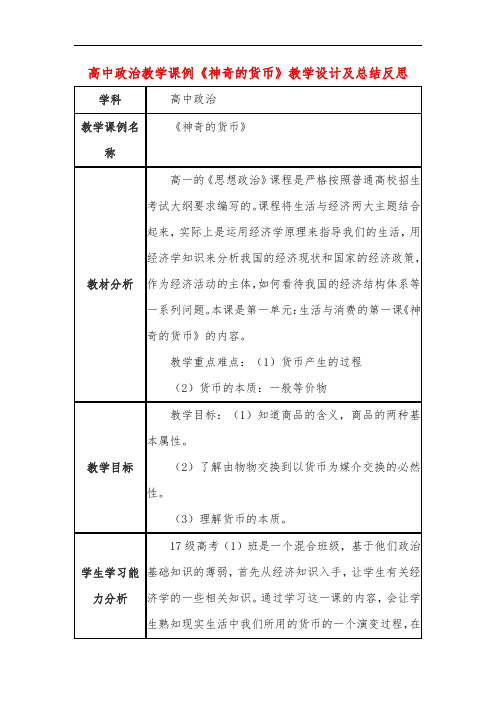 高中政治教学课例《神奇的货币》课程思政核心素养教学设计及总结反思