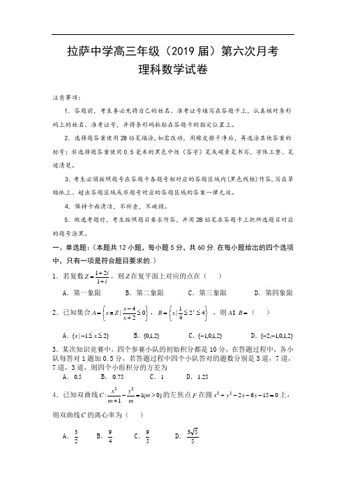 西藏拉萨中学2019届高三第六次月考理科数学试卷