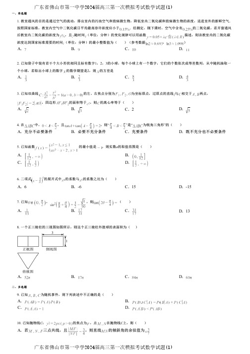 广东省佛山市第一中学2024届高三第一次模拟考试数学试题(1)