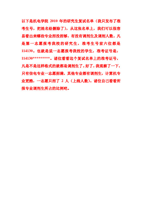 矿大(北京)机电学院2010年硕士生复试名单