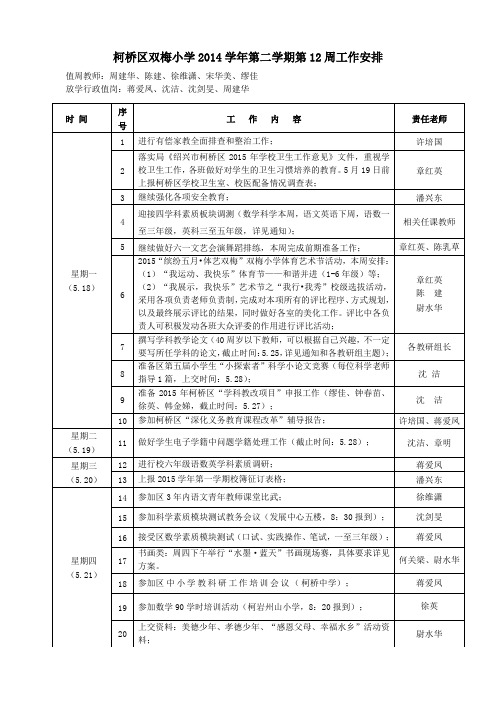 柯桥区双梅小学2014学年第二学期第12周工作安排
