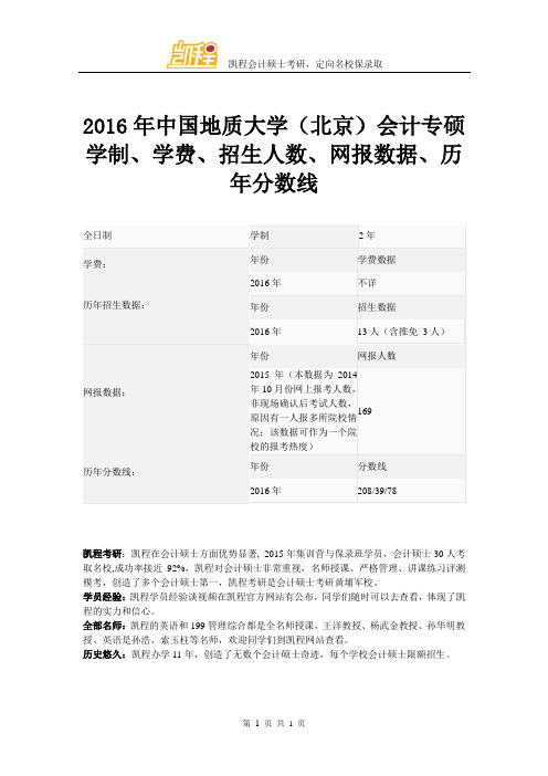 2016年中国地质大学(北京)会计专硕学制、学费、招生人数、网报数据、历年分数线
