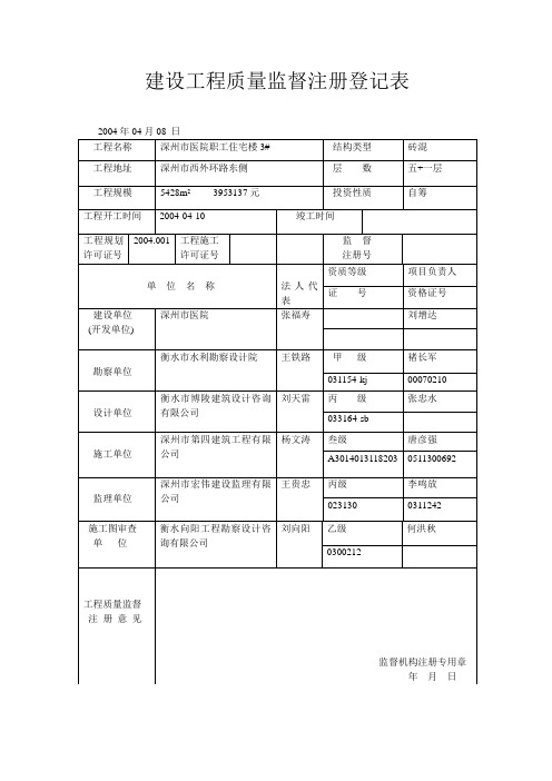 建设工程质量监督注册登记表