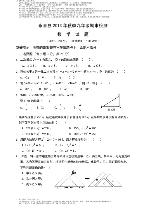 永春县2013年秋季九年级期末检测数学试题