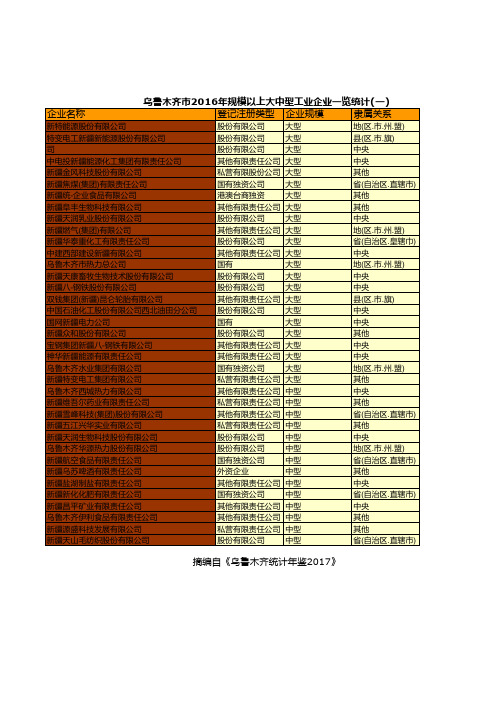 乌鲁木齐市2016年规模以上大中型工业企业一览统计(一)