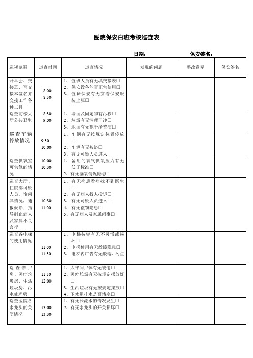 医院保安白班巡查表
