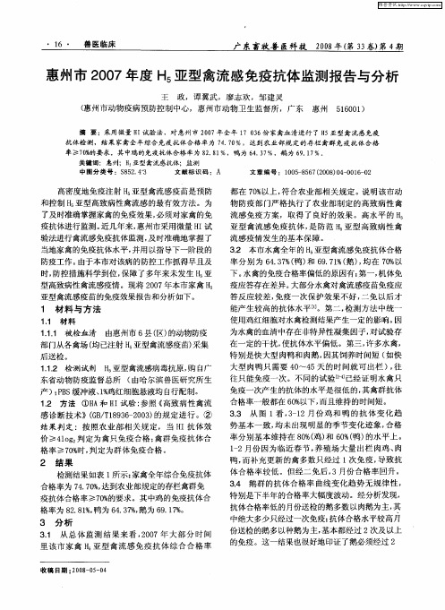 惠州市2007年度H5亚型禽流感免疫抗体监测报告与分析