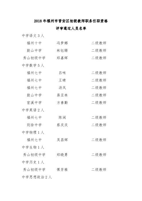 2018年福州晋安区初级教师职务任职资格