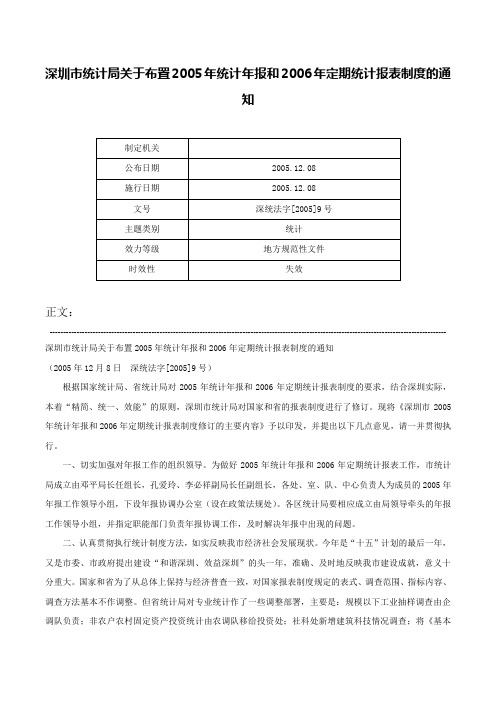 深圳市统计局关于布置2005年统计年报和2006年定期统计报表制度的通知-深统法字[2005]9号