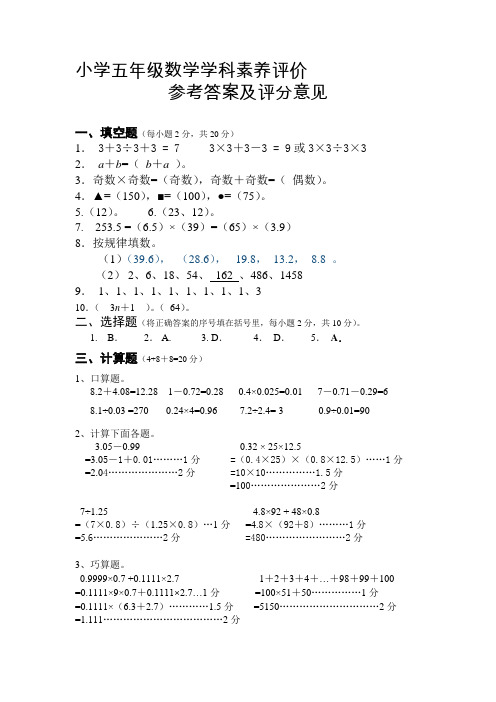 小学数学五年级学科素养评价