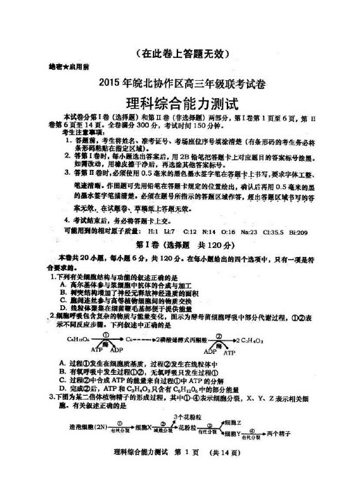 2015皖北联考 安徽省皖北协作区2015届高三3月联考理综试题及答案
