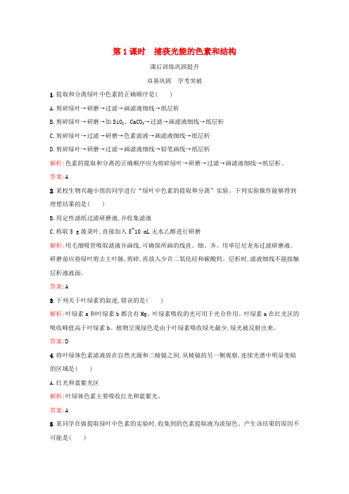 新教材高中生物第5章细胞的能量供应和利用第4节第1课时捕获光能的色素和结构习题(含解析)新人教版必修