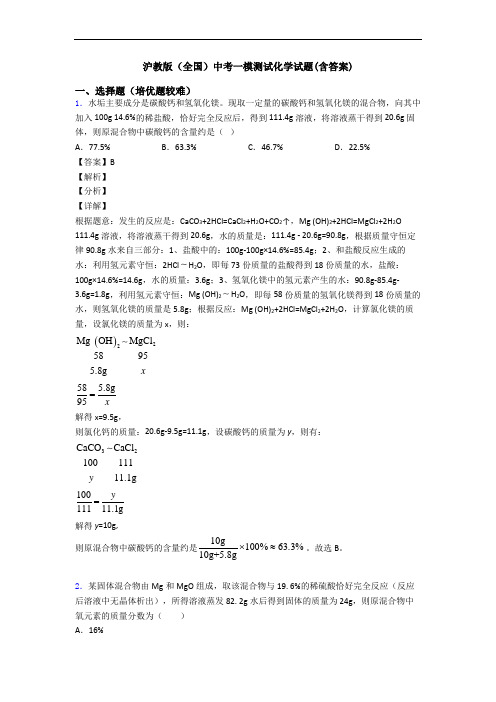 沪教版(全国)中考一模测试化学试题(含答案)