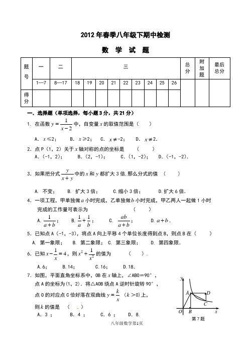 2012年春八年级下期中数学试卷及答案