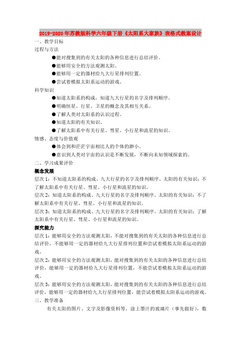 2019-2020年苏教版科学六年级下册《太阳系大家族》表格式教案设计